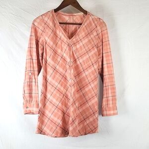 Soft Surroundings Cotton Coral Pink Plaid Top
